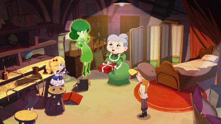 Dans la cave réaménagée, on découvre Lison tenant dans ses mains, Mimi la chauve-souris, Abigail, Mme Finelouche tenant un paquet dans ses main et Sacré-Cœur